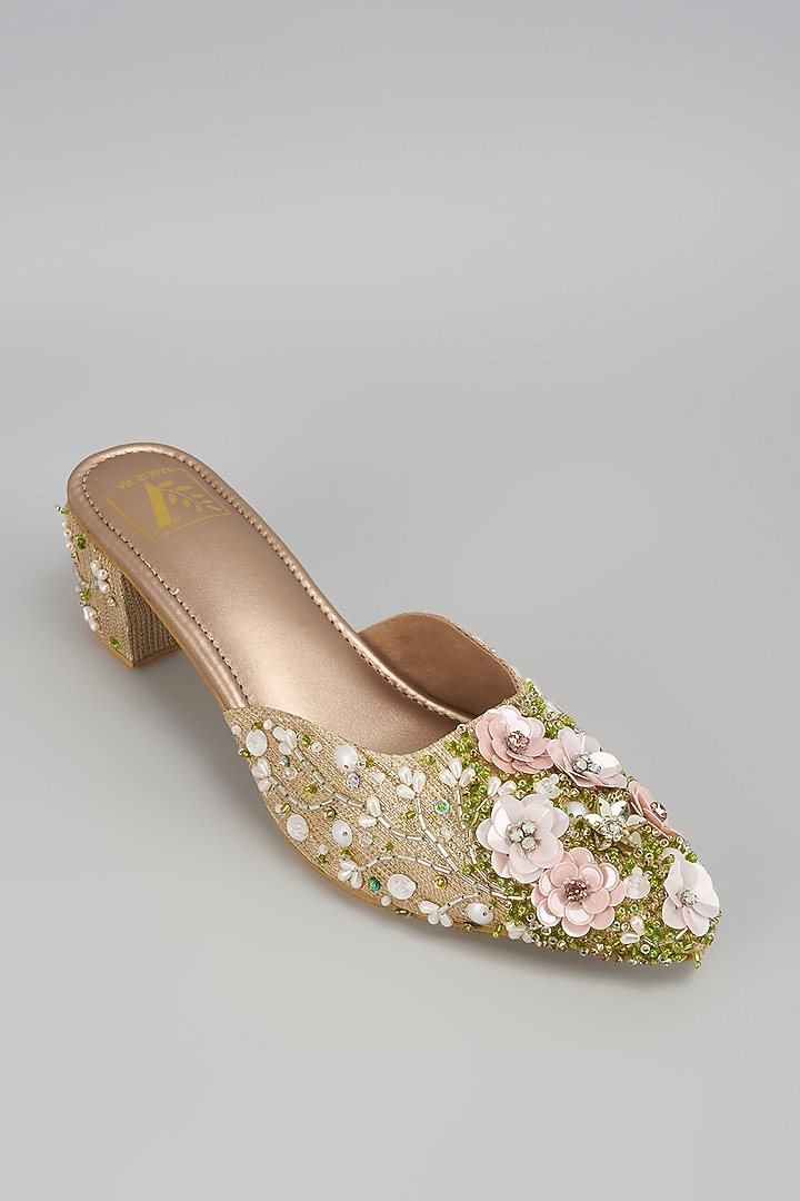 Golden Dupion Silk Floral Work Mule Heels by House of Vian at Pernia's Pop Up Shop