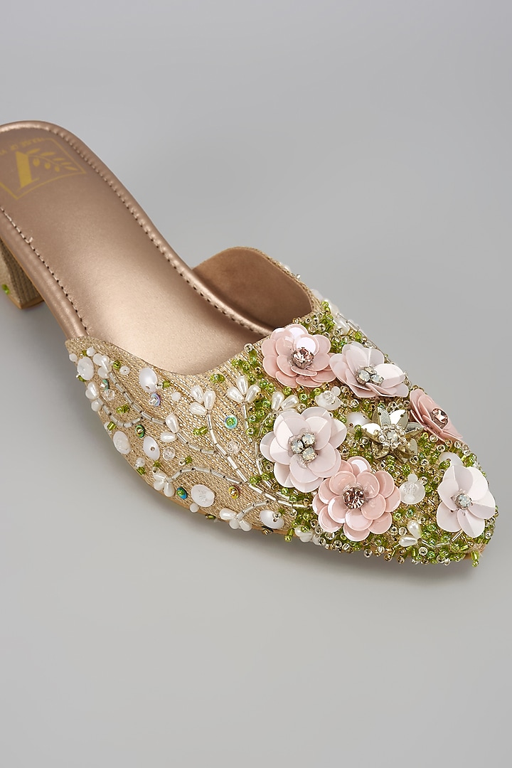 Golden Dupion Silk Floral Work Mule Heels by House of Vian at Pernia's Pop Up Shop