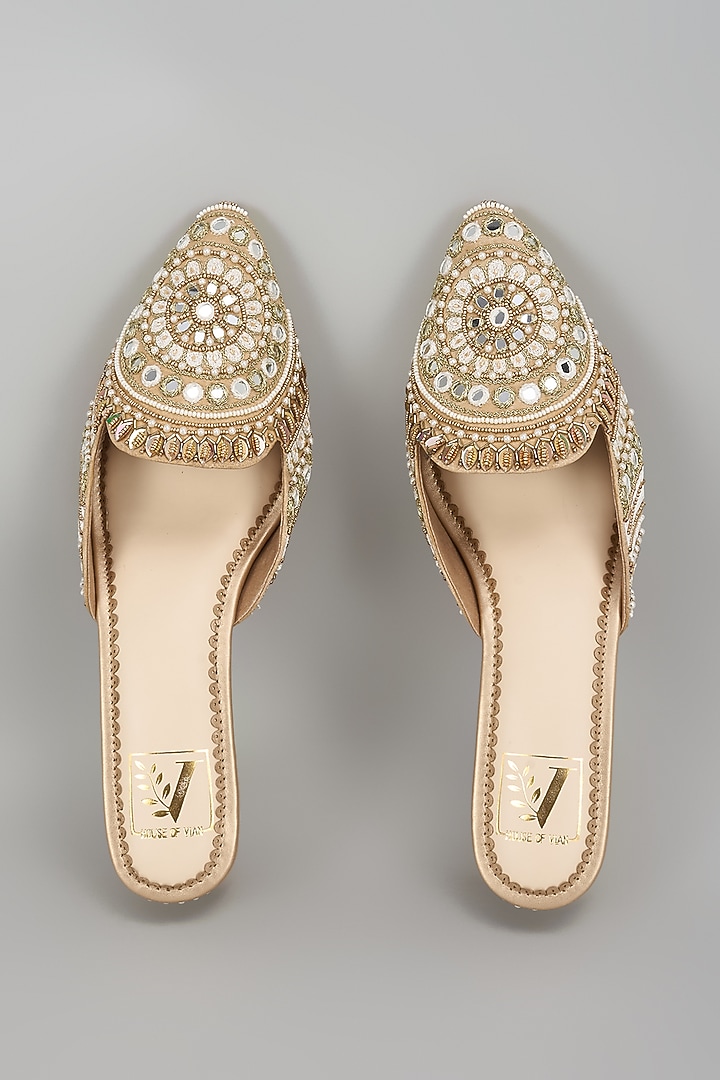 Gold Dupion Silk Dabka & Mirror Work Mule Heels by House of Vian at Pernia's Pop Up Shop