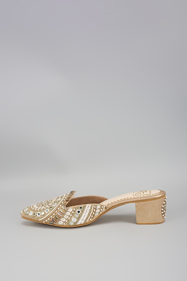 Gold Dupion Silk Dabka & Mirror Work Mule Heels by House of Vian at Pernia's Pop Up Shop
