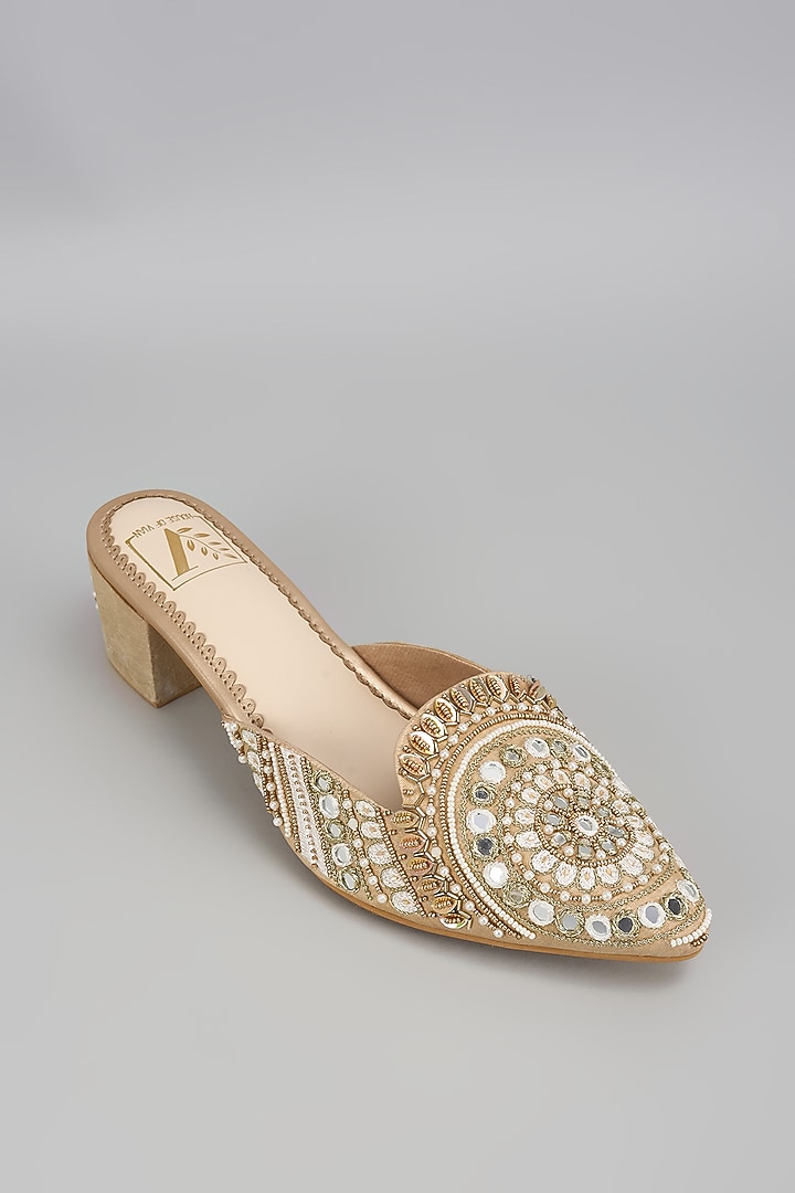Gold Dupion Silk Dabka & Mirror Work Mule Heels by House of Vian at Pernia's Pop Up Shop