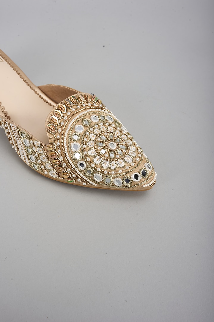 Gold Dupion Silk Dabka & Mirror Work Mule Heels by House of Vian at Pernia's Pop Up Shop