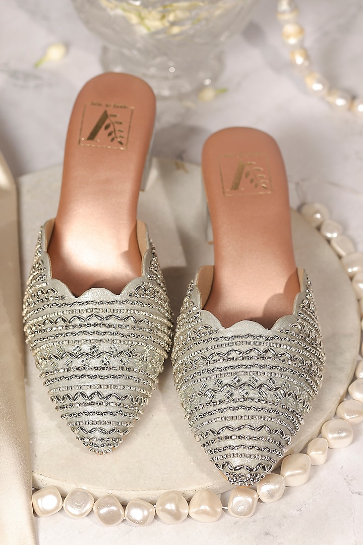 Silver Banana Crepe Embroidered Mule Heels by House of Vian at Pernia's Pop Up Shop