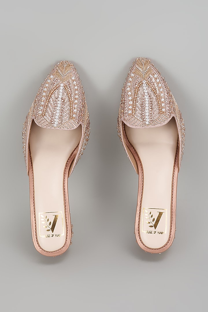 Rose Gold Shimmer Banana Crepe Cutdana Work Mule Heels by House of Vian at Pernia's Pop Up Shop