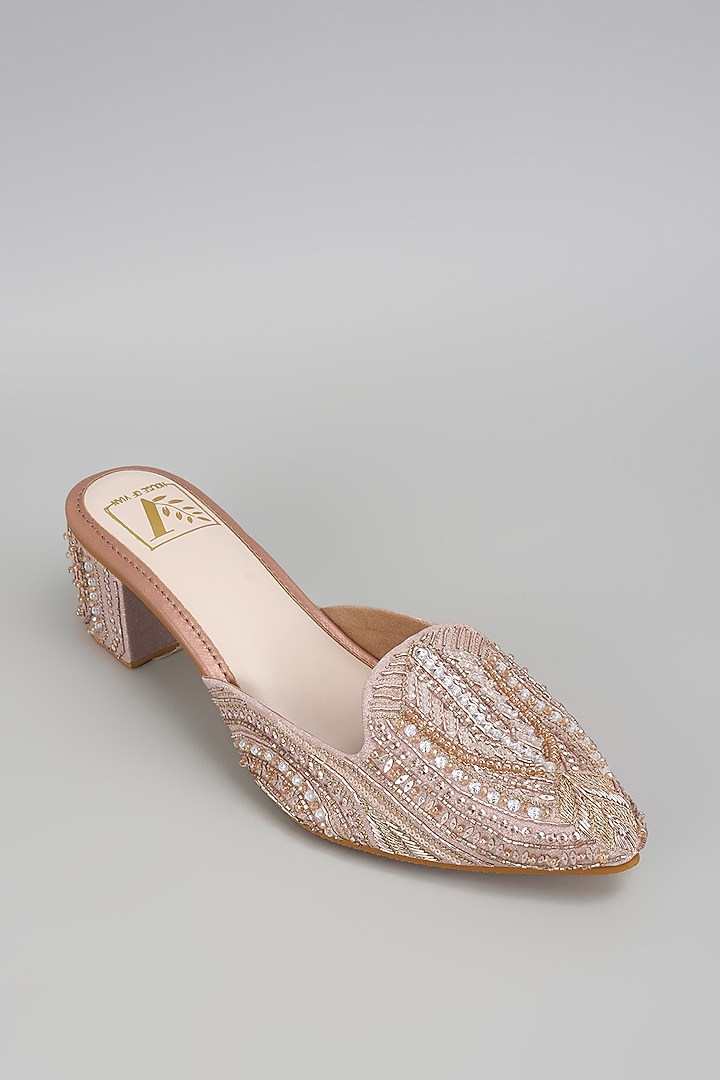 Rose Gold Shimmer Banana Crepe Cutdana Work Mule Heels by House of Vian at Pernia's Pop Up Shop