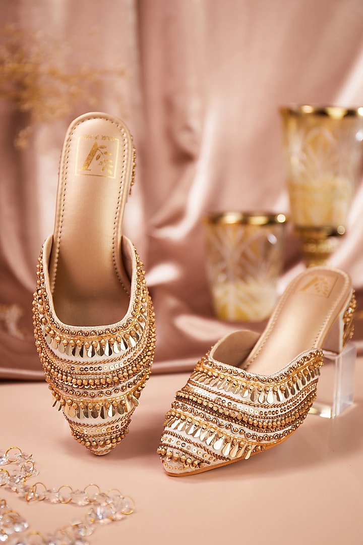 Cream Dupion Silk Embellished Mule Heels by House of Vian at Pernia's Pop Up Shop