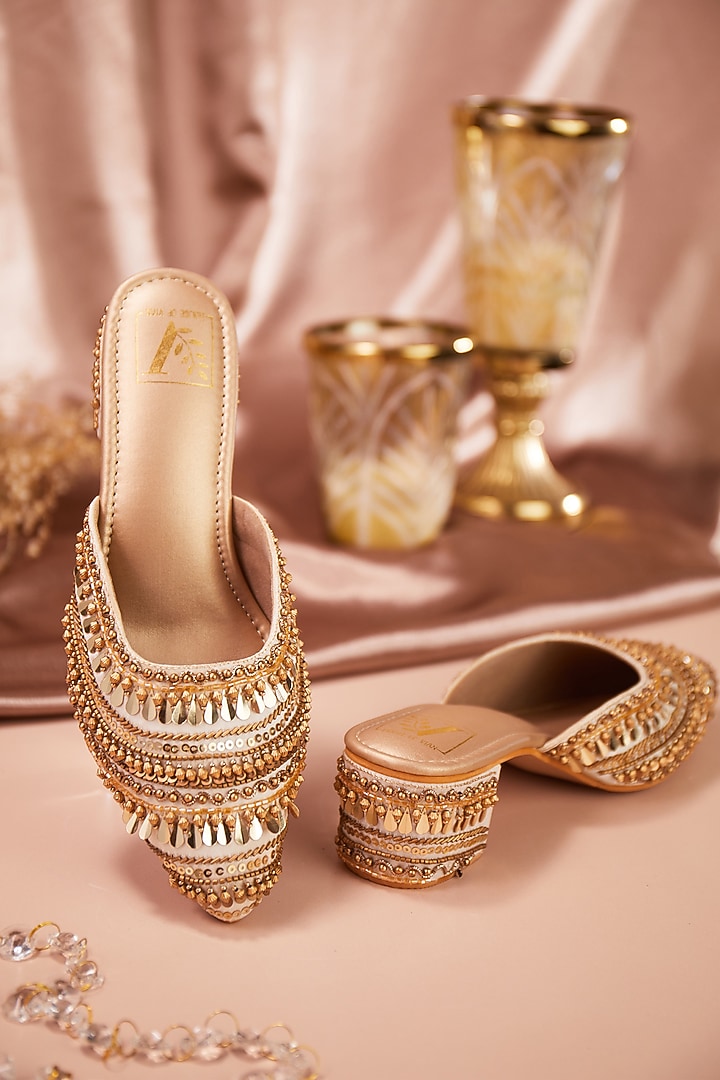 Cream Dupion Silk Embellished Mule Heels by House of Vian at Pernia's Pop Up Shop