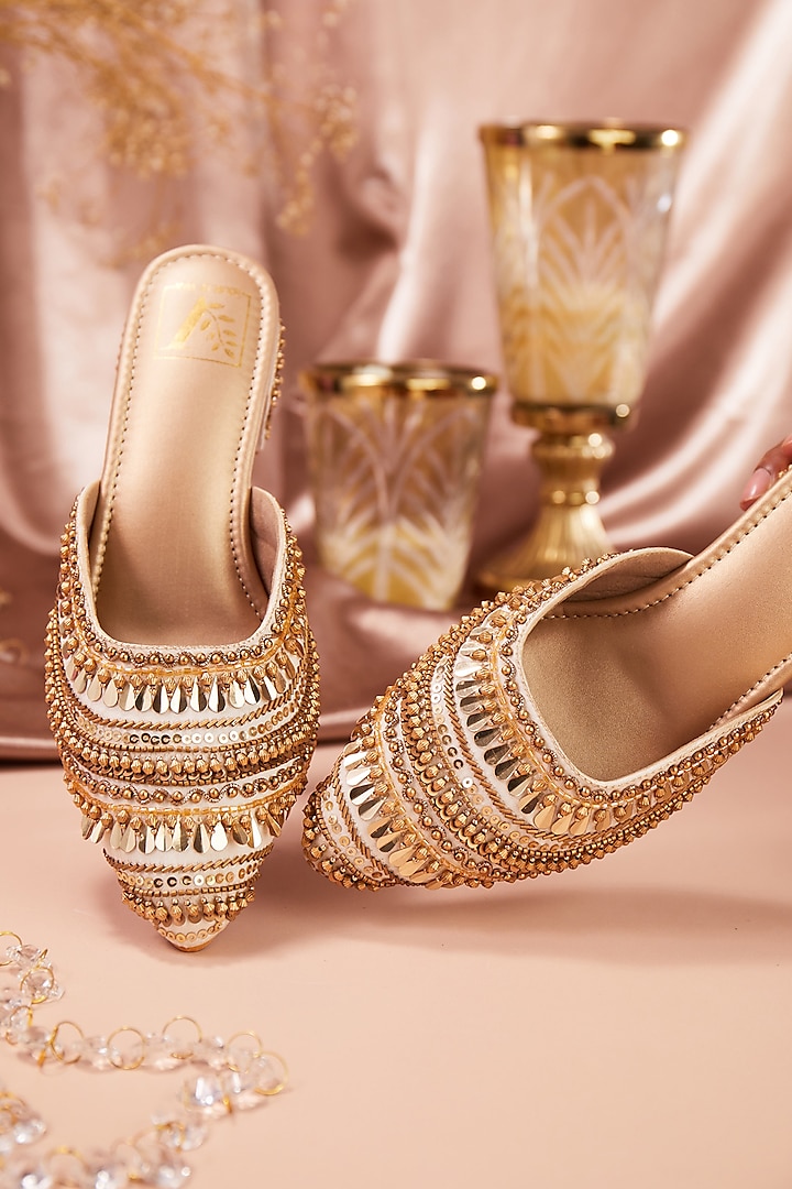 Cream Dupion Silk Embellished Mule Heels by House of Vian at Pernia's Pop Up Shop