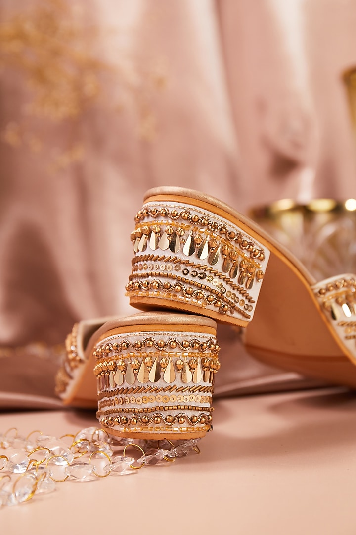 Cream Dupion Silk Embellished Mule Heels by House of Vian at Pernia's Pop Up Shop