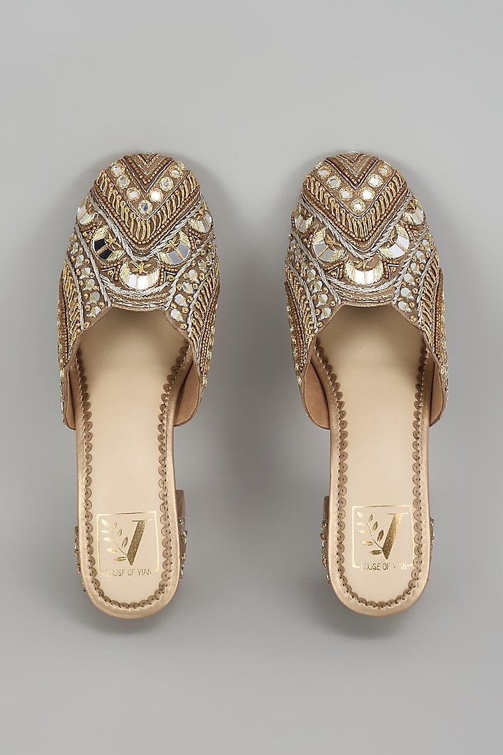 Gold Dupion Silk Dabka & Zardosi Embroidered Mule Heels by House of Vian at Pernia's Pop Up Shop