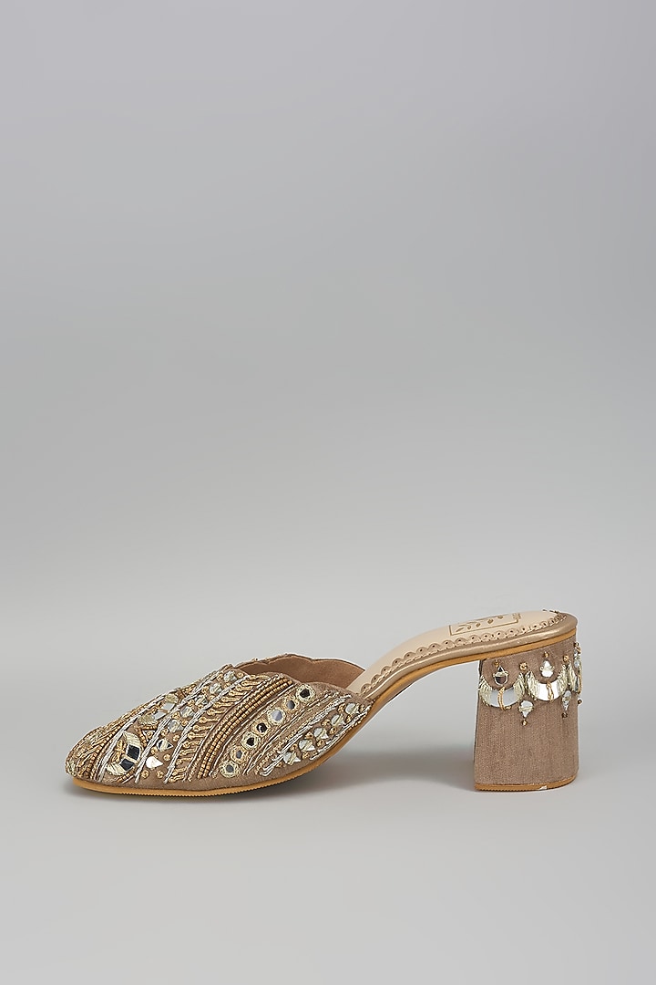 Gold Dupion Silk Dabka & Zardosi Embroidered Mule Heels by House of Vian at Pernia's Pop Up Shop
