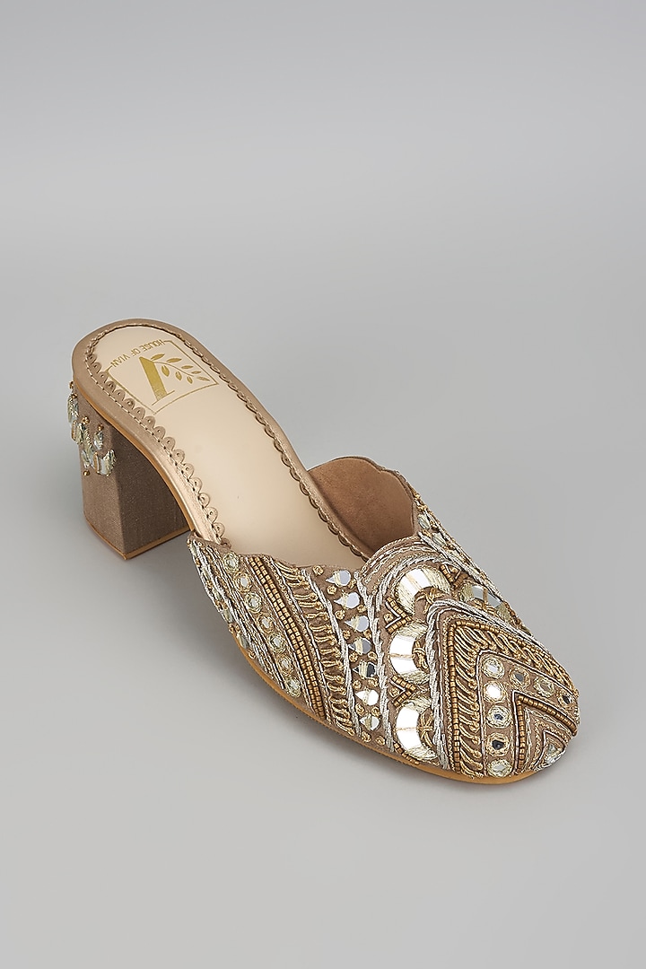 Gold Dupion Silk Dabka & Zardosi Embroidered Mule Heels by House of Vian at Pernia's Pop Up Shop