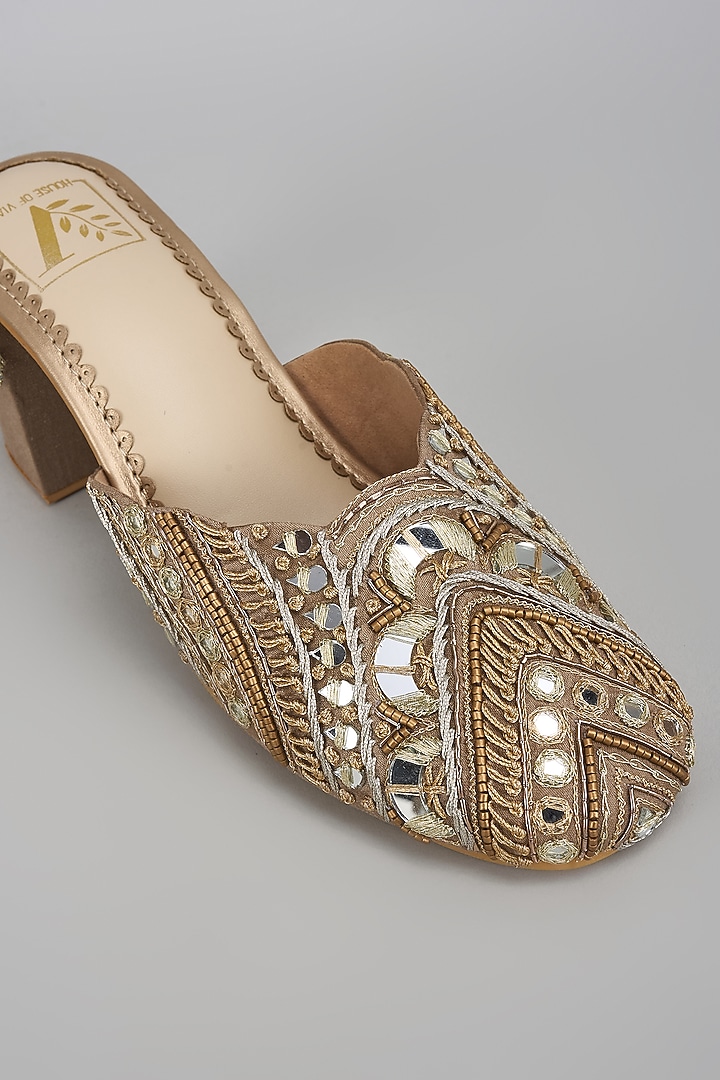 Gold Dupion Silk Dabka & Zardosi Embroidered Mule Heels by House of Vian at Pernia's Pop Up Shop