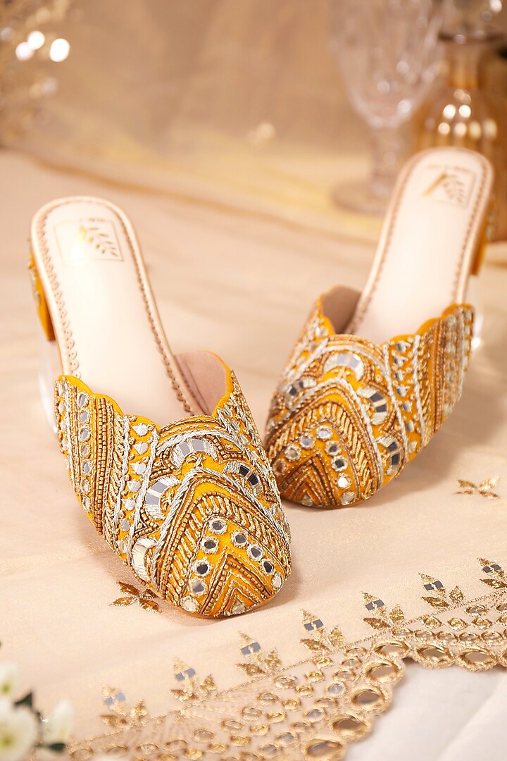 Mustard Dupion Silk Mirror Work Mule Heels by House of Vian at Pernia's Pop Up Shop