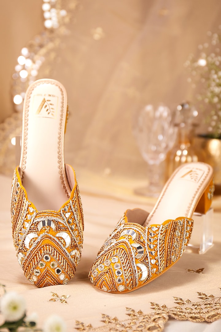 Mustard Dupion Silk Mirror Work Mule Heels by House of Vian at Pernia's Pop Up Shop