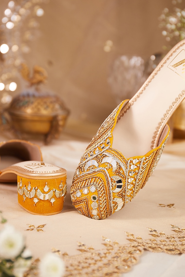 Mustard Dupion Silk Mirror Work Mule Heels by House of Vian at Pernia's Pop Up Shop
