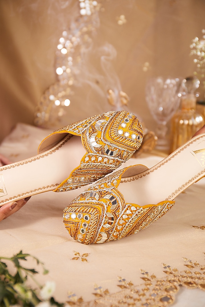 Mustard Dupion Silk Mirror Work Mule Heels by House of Vian at Pernia's Pop Up Shop