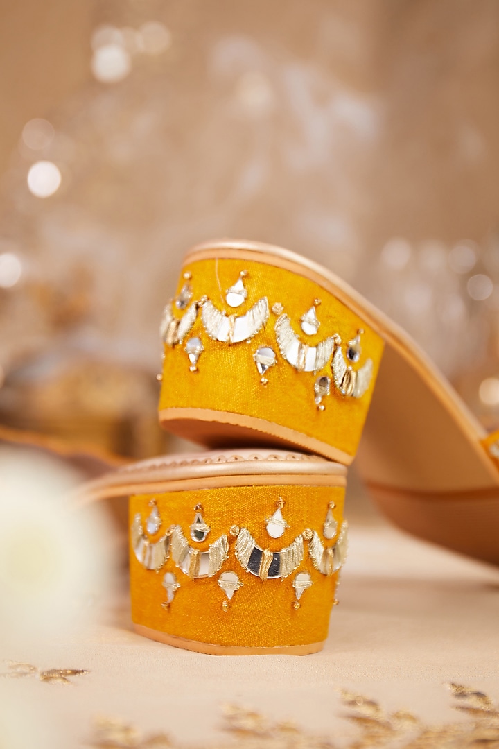 Mustard Dupion Silk Mirror Work Mule Heels by House of Vian at Pernia's Pop Up Shop