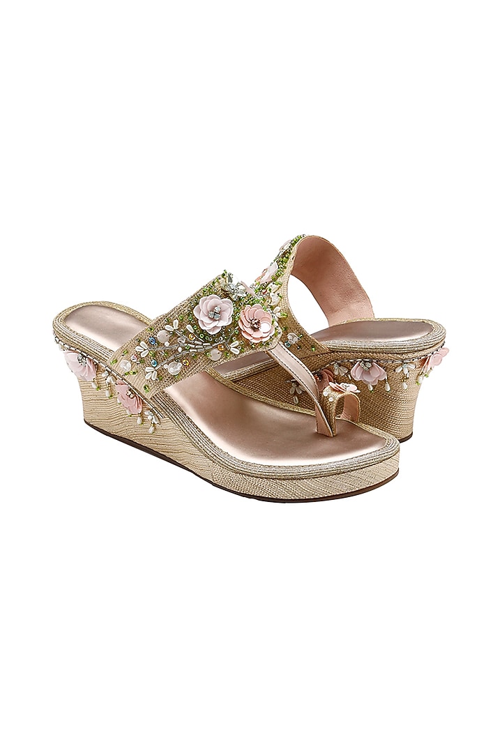 Gold Textured Sequins Embellished Wedges by House of Vian at Pernia's Pop Up Shop