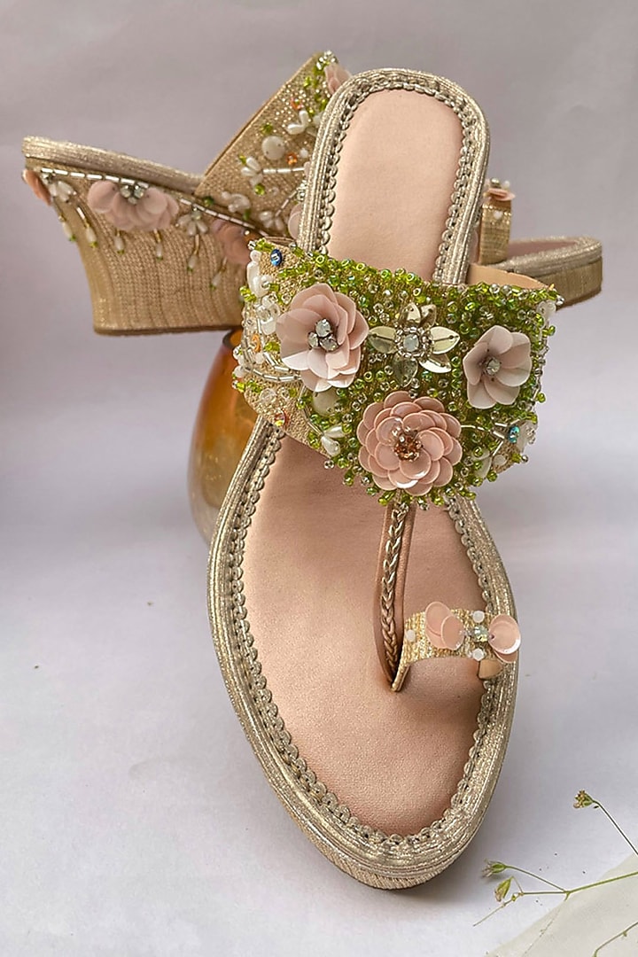 Gold Textured Sequins Embellished Wedges by House of Vian at Pernia's Pop Up Shop