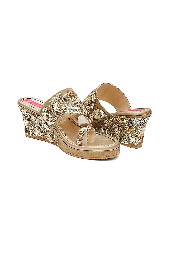 Golden Dupion Silk Embellished Wedges by House of Vian at Pernia's Pop Up Shop