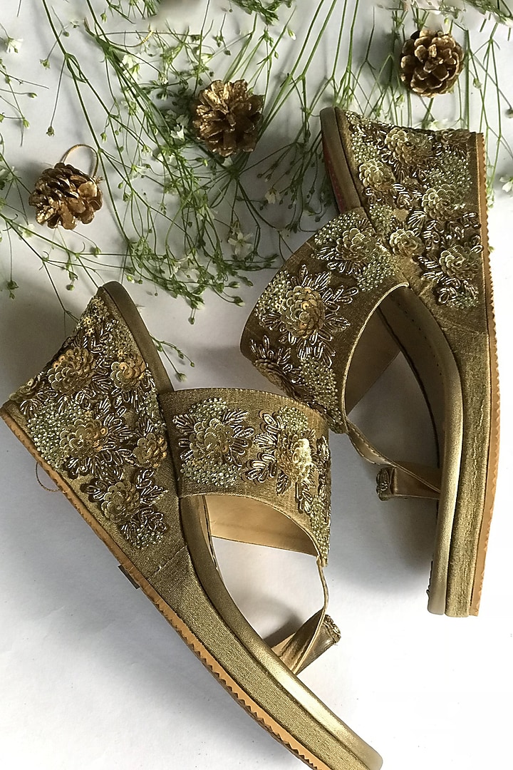 Golden Dupion Silk Embellished Wedges by House of Vian at Pernia's Pop Up Shop