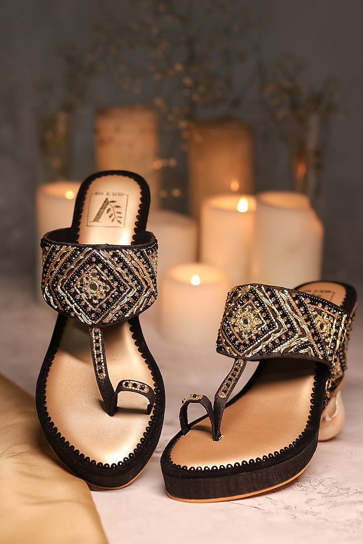 Black Shimmer Crepe Sequins Embellished Wedges  by House of Vian at Pernia's Pop Up Shop