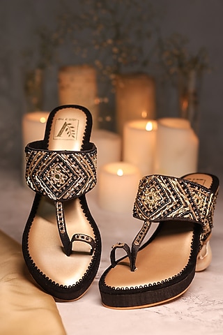 Black Shimmer Crepe Sequins Embellished Wedges  by House of Vian