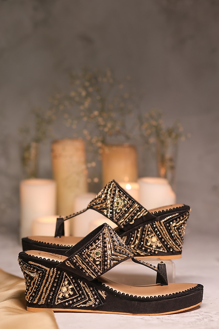 Black Shimmer Crepe Sequins Embellished Wedges by House of Vian at Pernia's Pop Up Shop