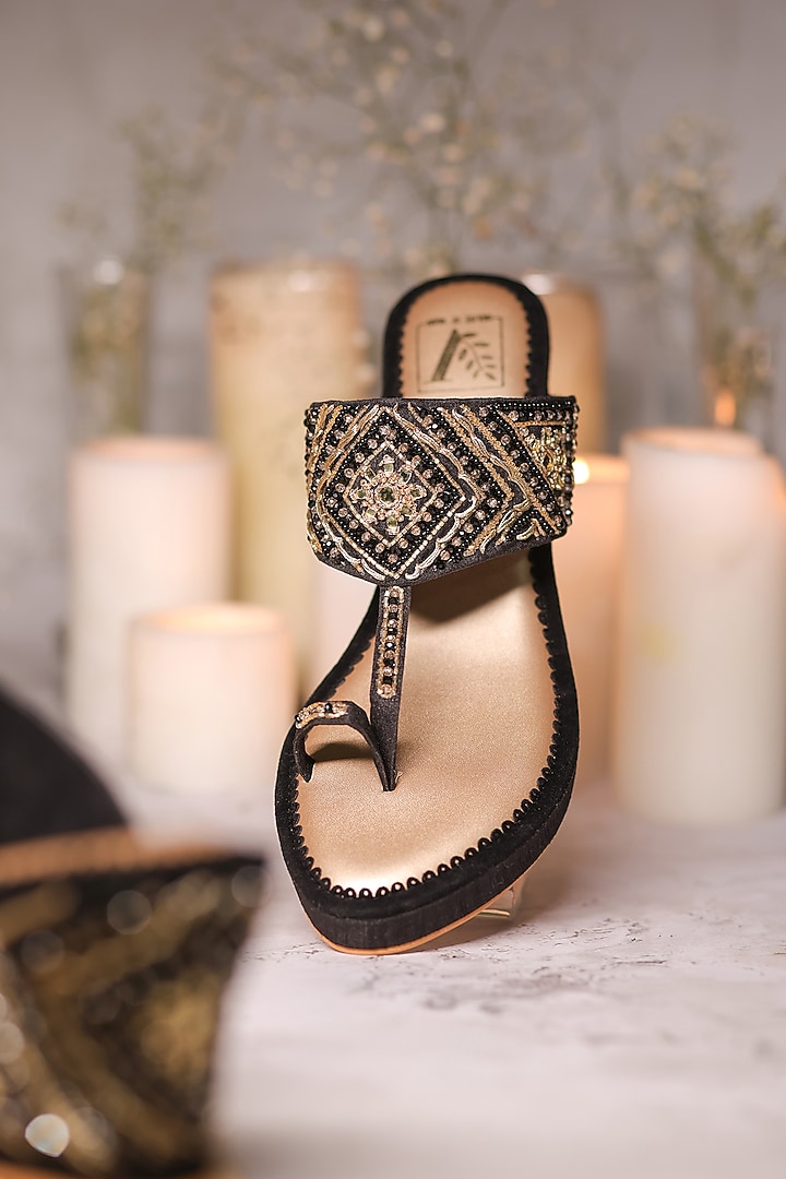Black Shimmer Crepe Sequins Embellished Wedges by House of Vian at Pernia's Pop Up Shop