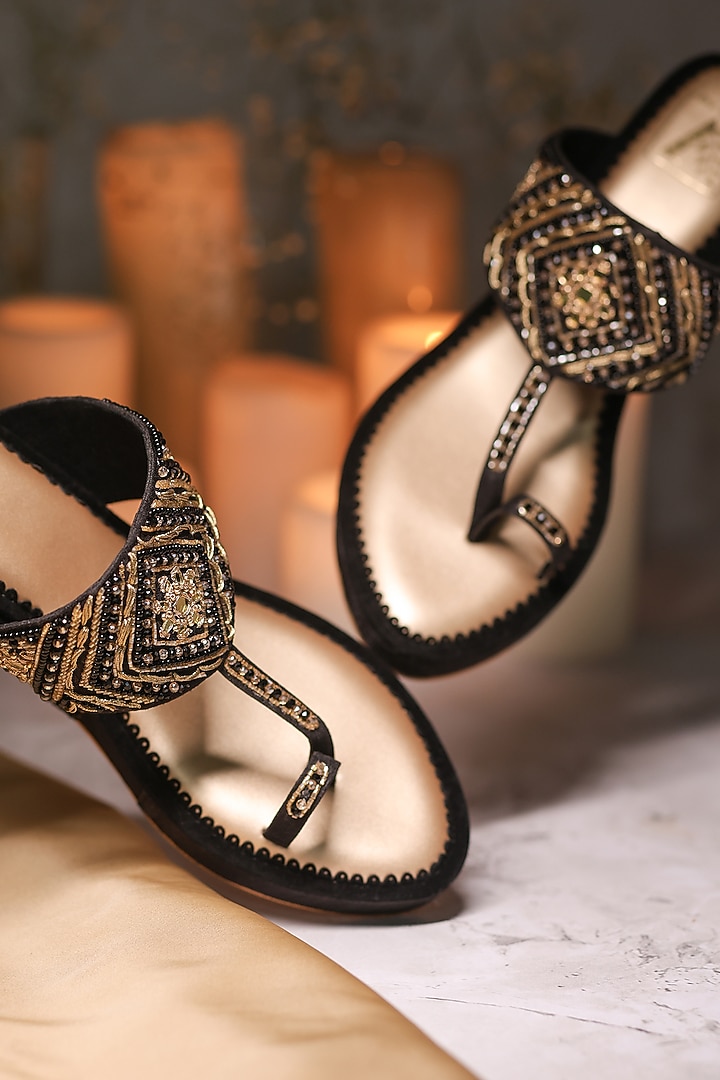 Black Shimmer Crepe Sequins Embellished Wedges by House of Vian at Pernia's Pop Up Shop