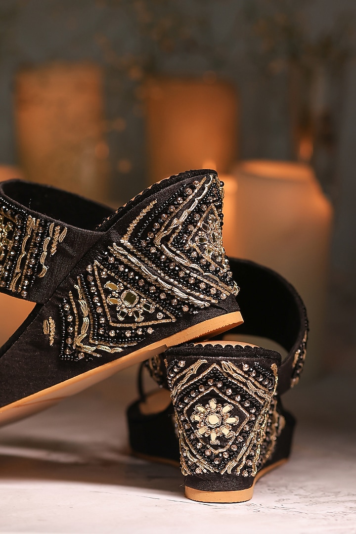 Black Shimmer Crepe Sequins Embellished Wedges by House of Vian at Pernia's Pop Up Shop