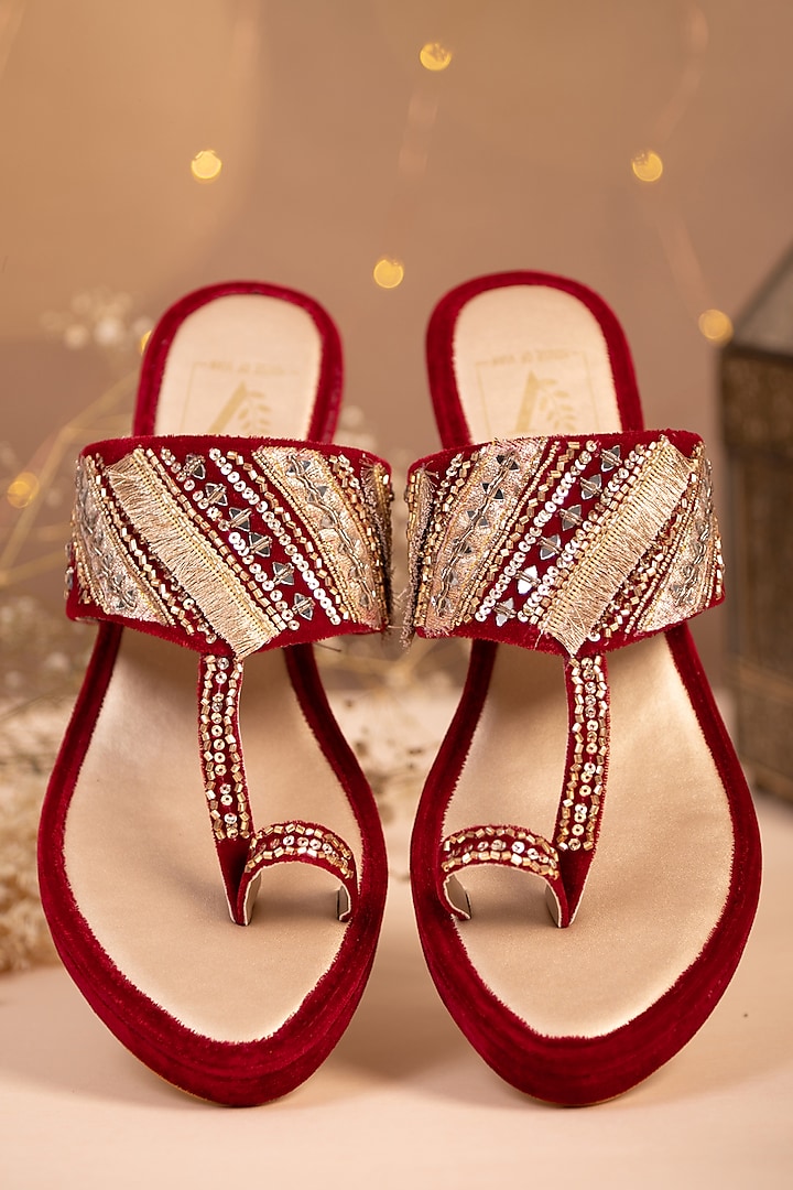 Red Mirror Embroidered Wedges by House of Vian at Pernia's Pop Up Shop