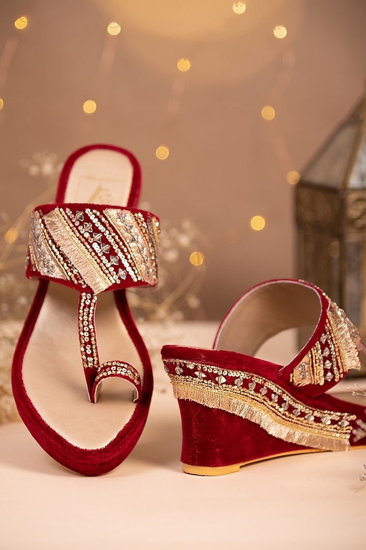 Red Mirror Embroidered Wedges by House of Vian at Pernia's Pop Up Shop
