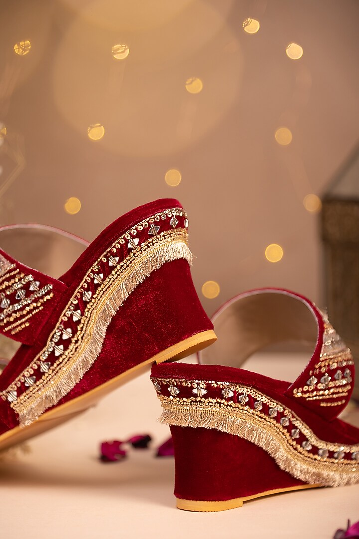 Red Mirror Embroidered Wedges by House of Vian at Pernia's Pop Up Shop