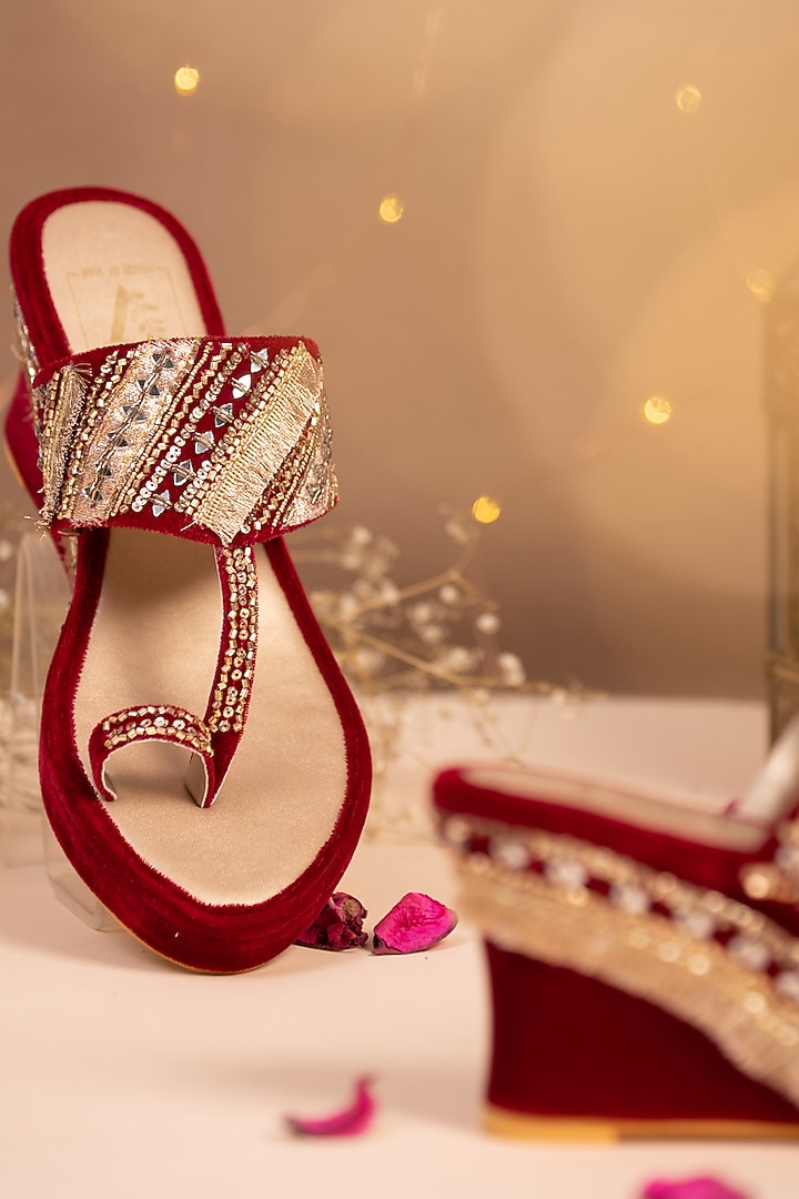Red Mirror Embroidered Wedges by House of Vian at Pernia's Pop Up Shop