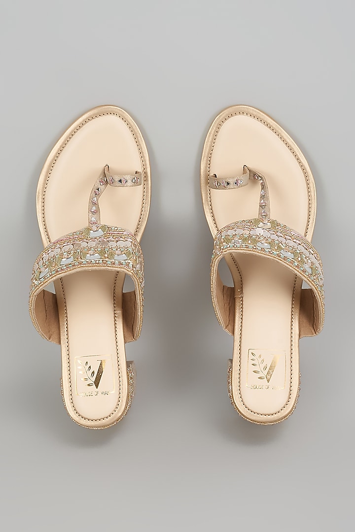 Gold Shimmer Banana Crepe Mirror Work Block Heels by House of Vian at Pernia's Pop Up Shop