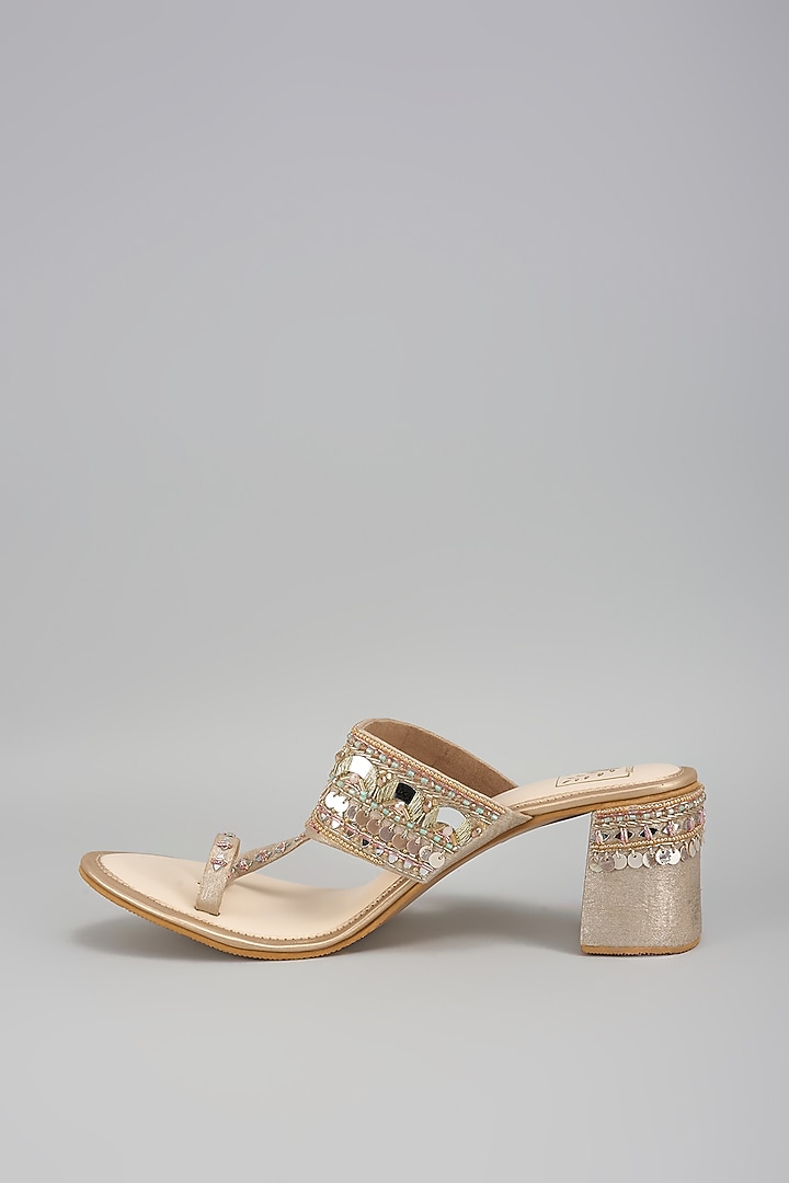 Gold Shimmer Banana Crepe Mirror Work Block Heels by House of Vian at Pernia's Pop Up Shop