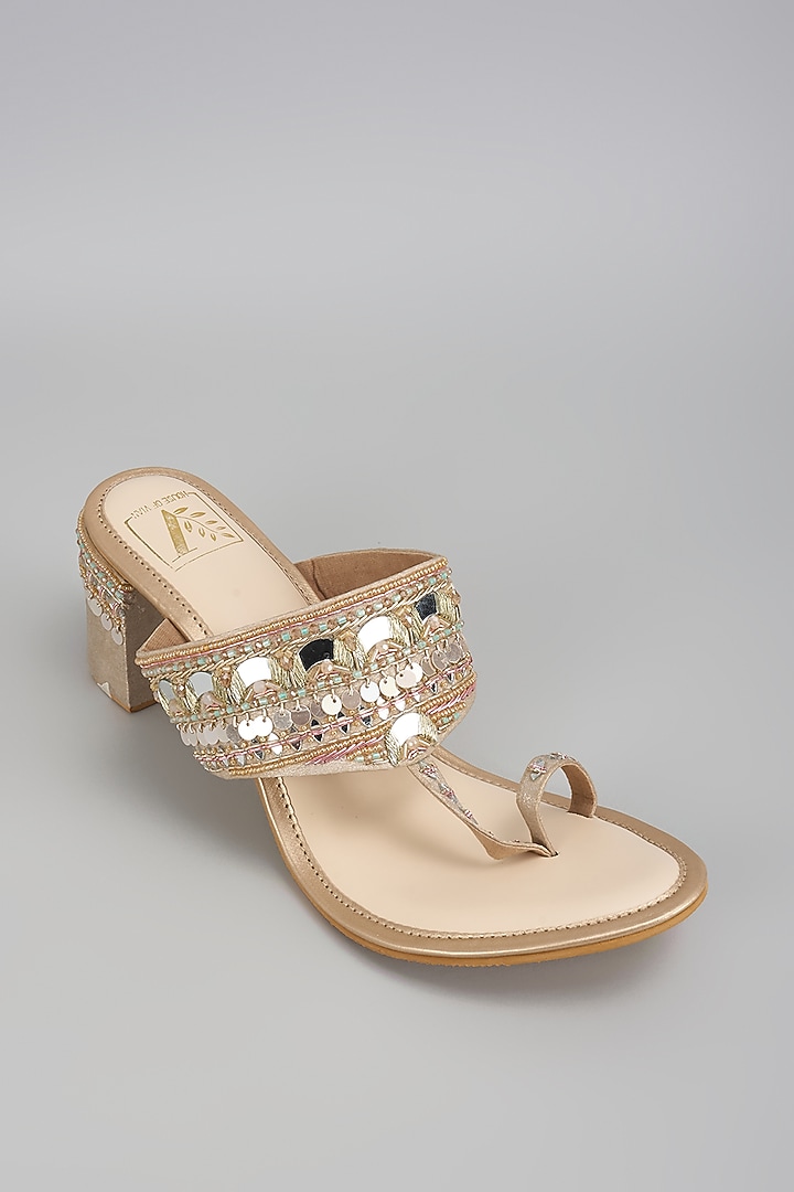 Gold Shimmer Banana Crepe Mirror Work Block Heels by House of Vian at Pernia's Pop Up Shop