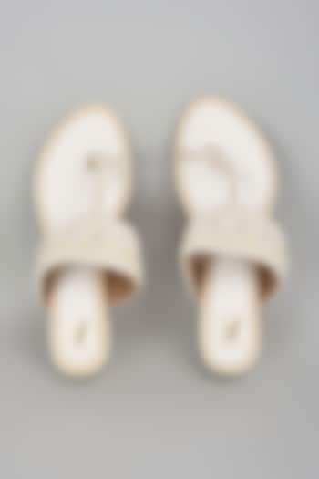 White Silk Dupion Dabka & Mirror Work Kolhapuri Block Heels by House of Vian at Pernia's Pop Up Shop