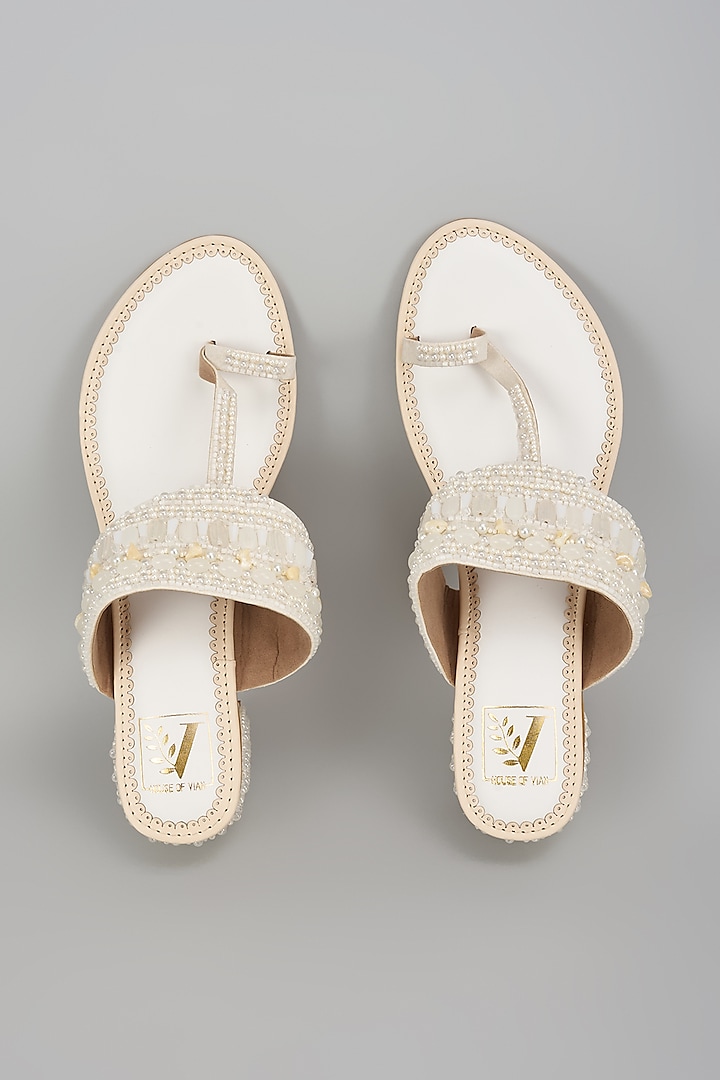 White Silk Dupion Dabka & Mirror Work Kolhapuri Block Heels by House of Vian at Pernia's Pop Up Shop