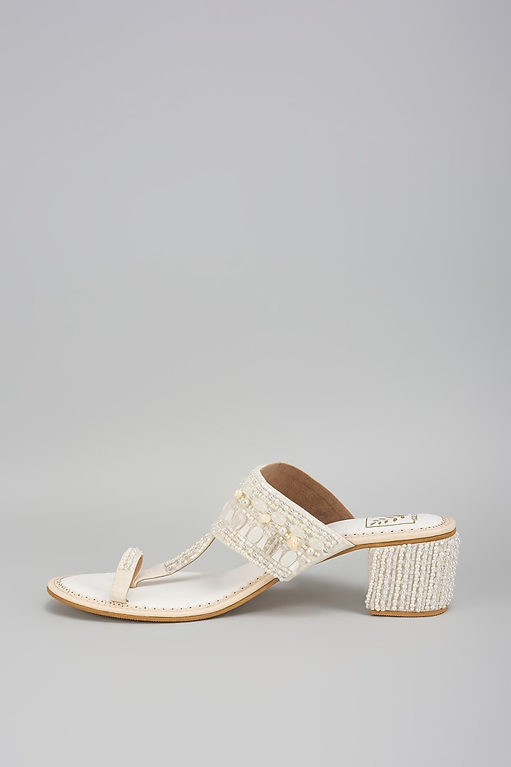 White Silk Dupion Dabka & Mirror Work Kolhapuri Block Heels by House of Vian at Pernia's Pop Up Shop
