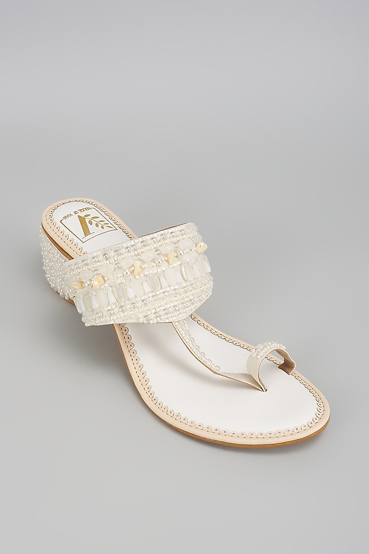 White Silk Dupion Dabka & Mirror Work Kolhapuri Block Heels by House of Vian at Pernia's Pop Up Shop