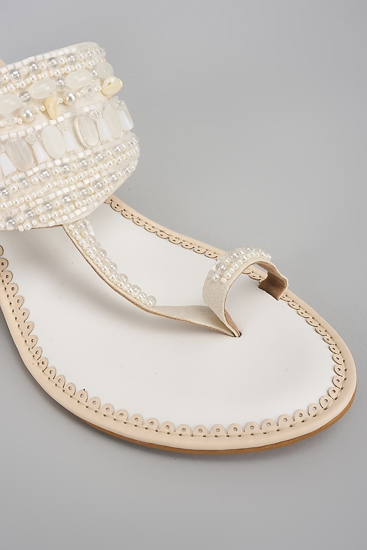 White Silk Dupion Dabka & Mirror Work Kolhapuri Block Heels by House of Vian at Pernia's Pop Up Shop