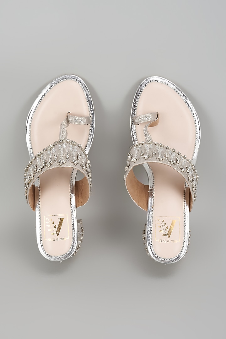 Silver Shimmer Banana Crepe Zircon Work Kolhapuri Block Heels by House of Vian at Pernia's Pop Up Shop