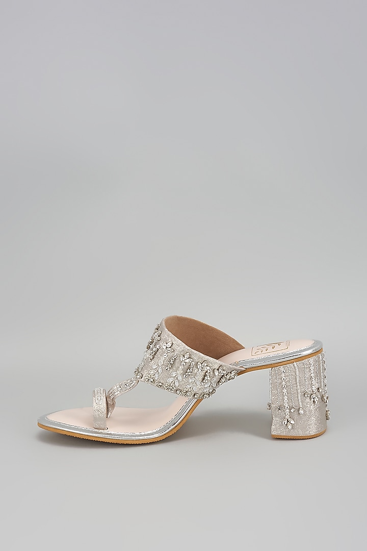 Silver Shimmer Banana Crepe Zircon Work Kolhapuri Block Heels by House of Vian at Pernia's Pop Up Shop