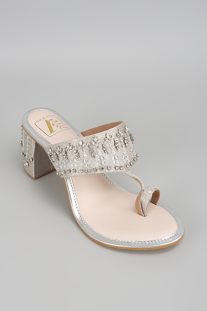Silver Shimmer Banana Crepe Zircon Work Kolhapuri Block Heels by House of Vian at Pernia's Pop Up Shop