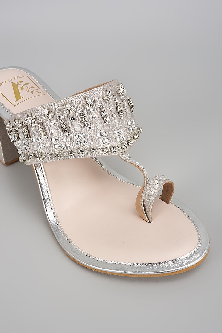 Silver Shimmer Banana Crepe Zircon Work Kolhapuri Block Heels by House of Vian at Pernia's Pop Up Shop