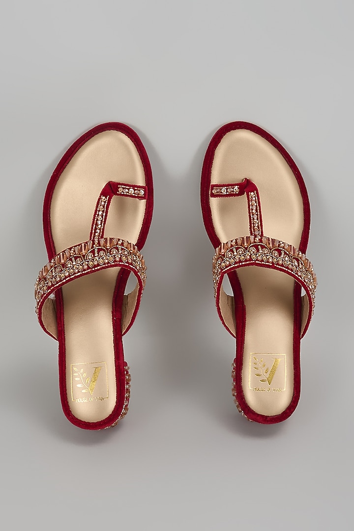 Red Velvet Cutdana Embroidered Block Heels by House of Vian at Pernia's Pop Up Shop