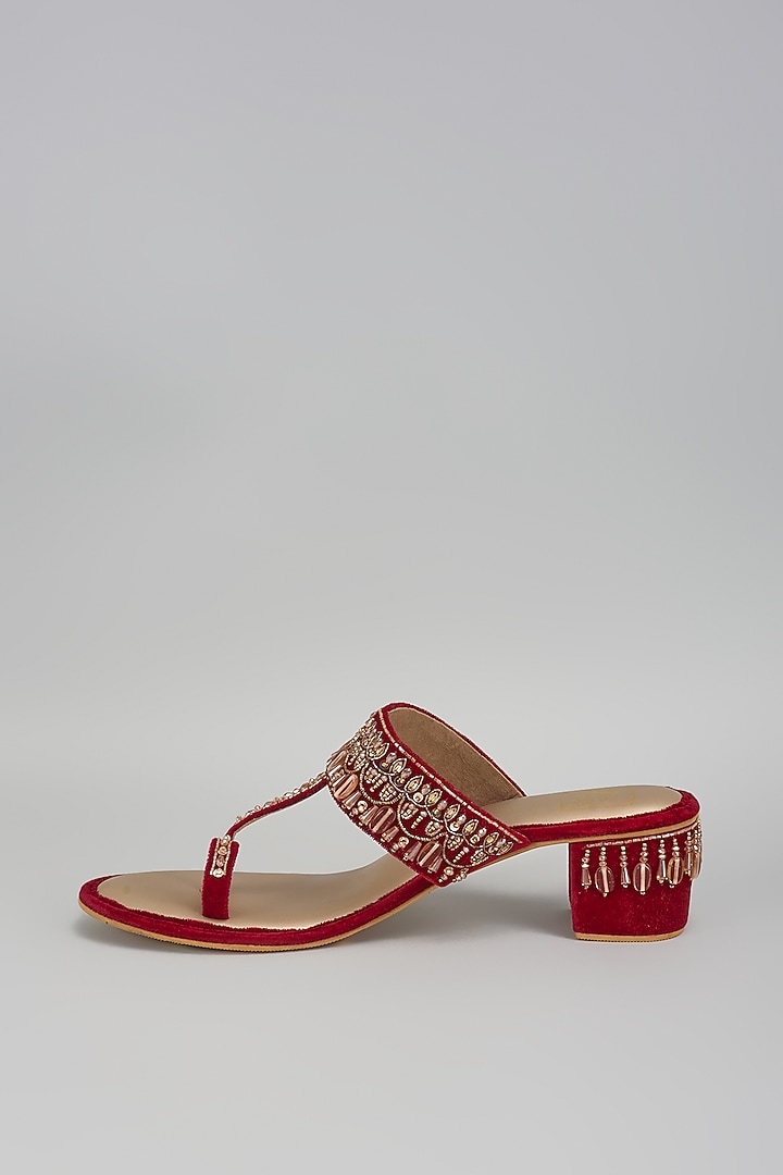 Red Velvet Cutdana Embroidered Block Heels by House of Vian at Pernia's Pop Up Shop